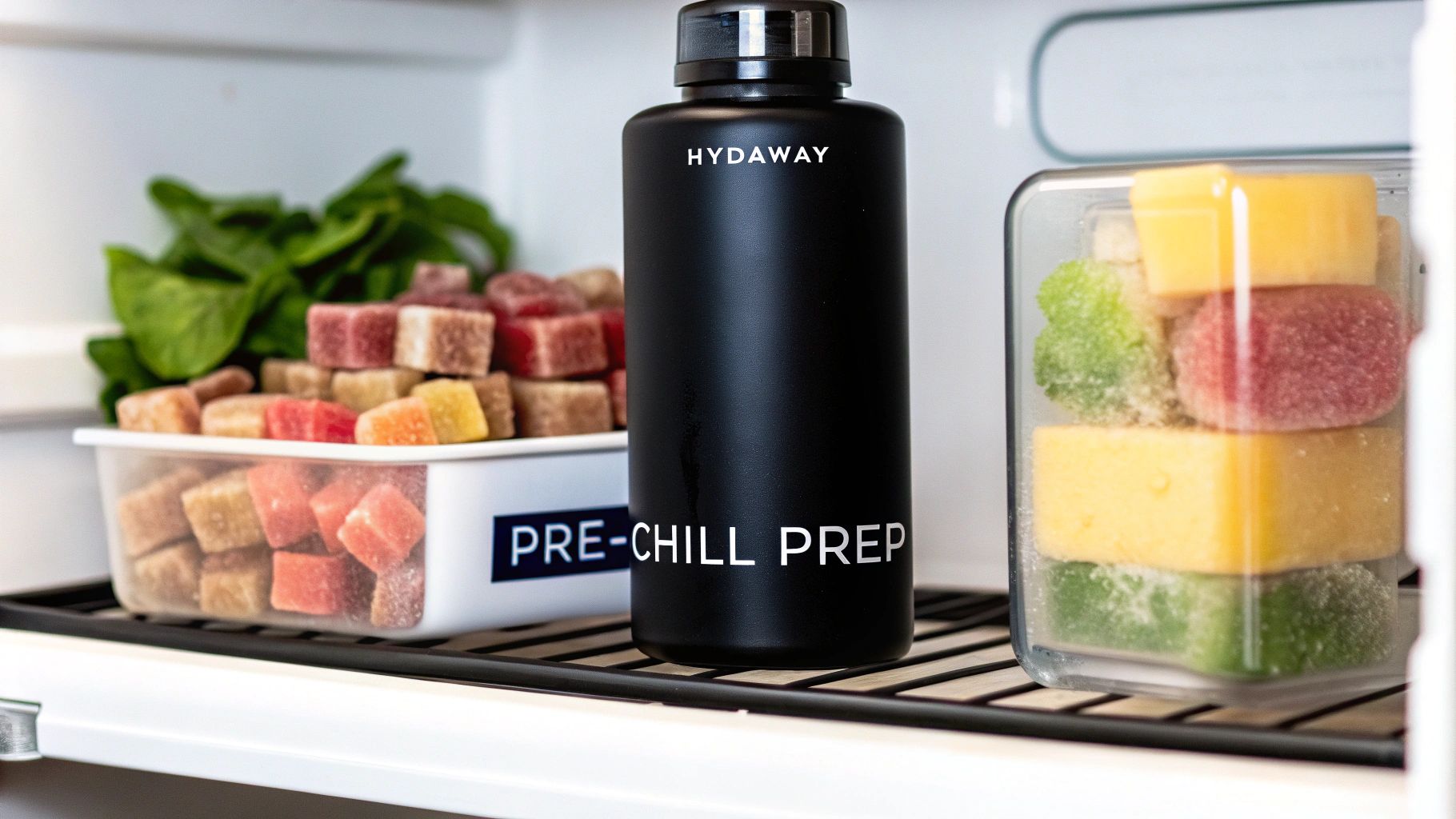 A person preparing a smoothie in a kitchen.