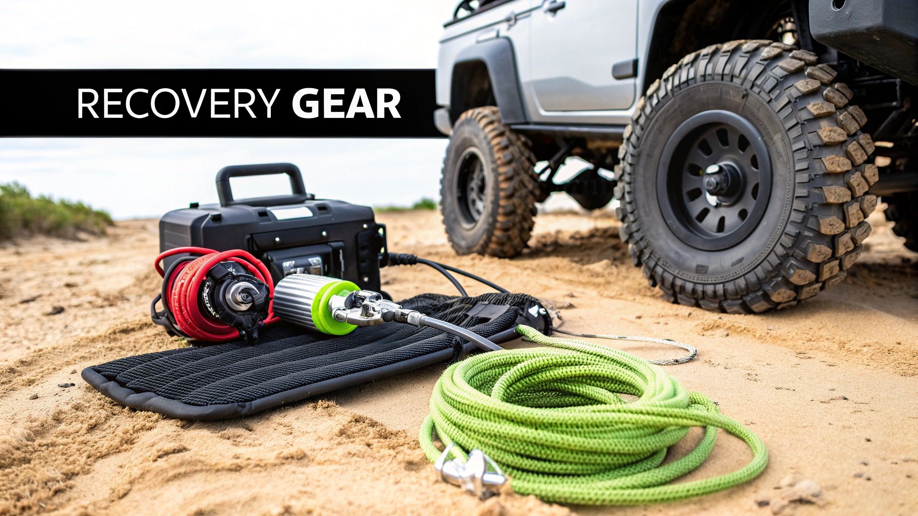 Off-road vehicle recovery gear including winch, kinetic rope, and equipment case on sandy terrain