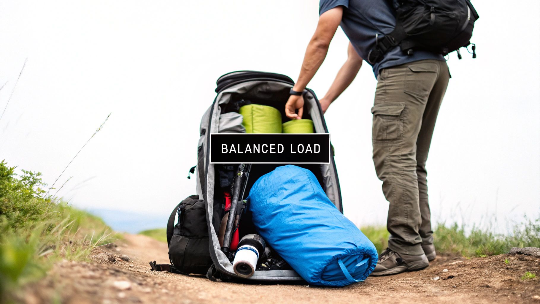 A person packing a large hiking backpack with camping gear, demonstrating how to achieve a balanced load on a dirt trail.