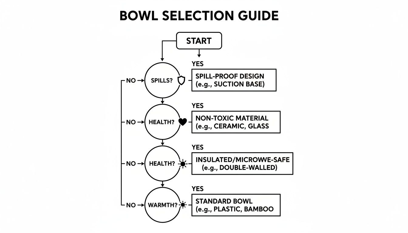 A flowchart titled 'Bowl Selection Guide' helps choose a bowl based on criteria like spills, health, and warmth.