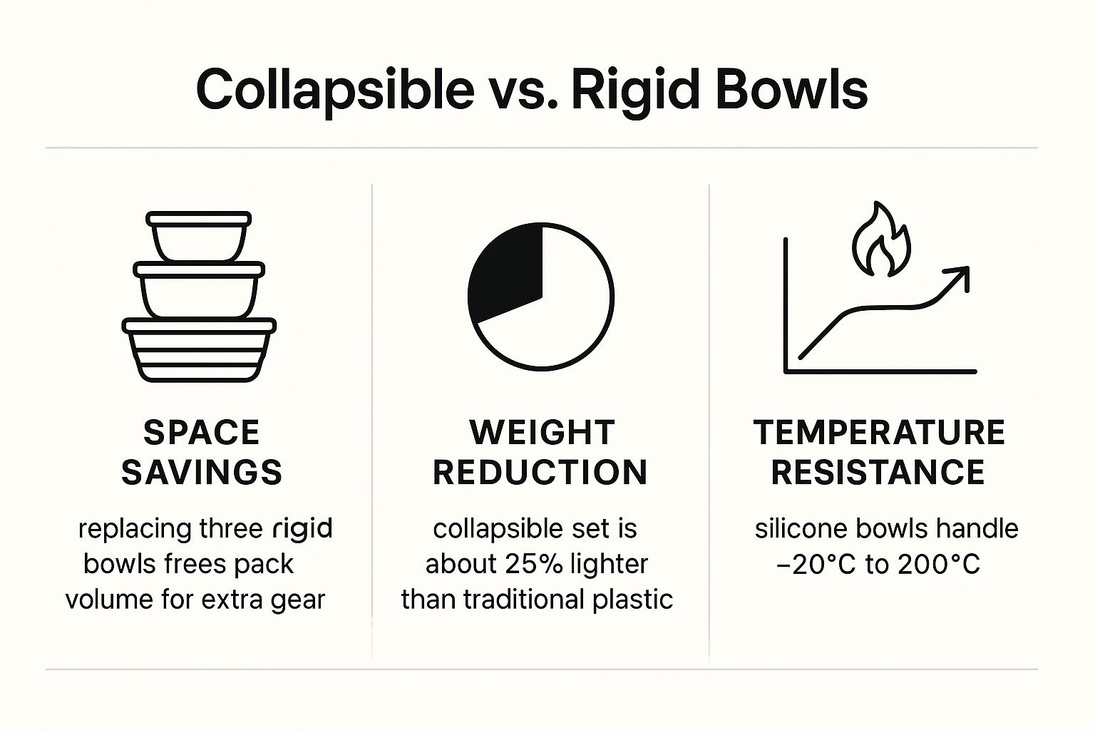 Infographic comparing space savings, weight reduction, and temperature resistance of collapsible camping dishes.