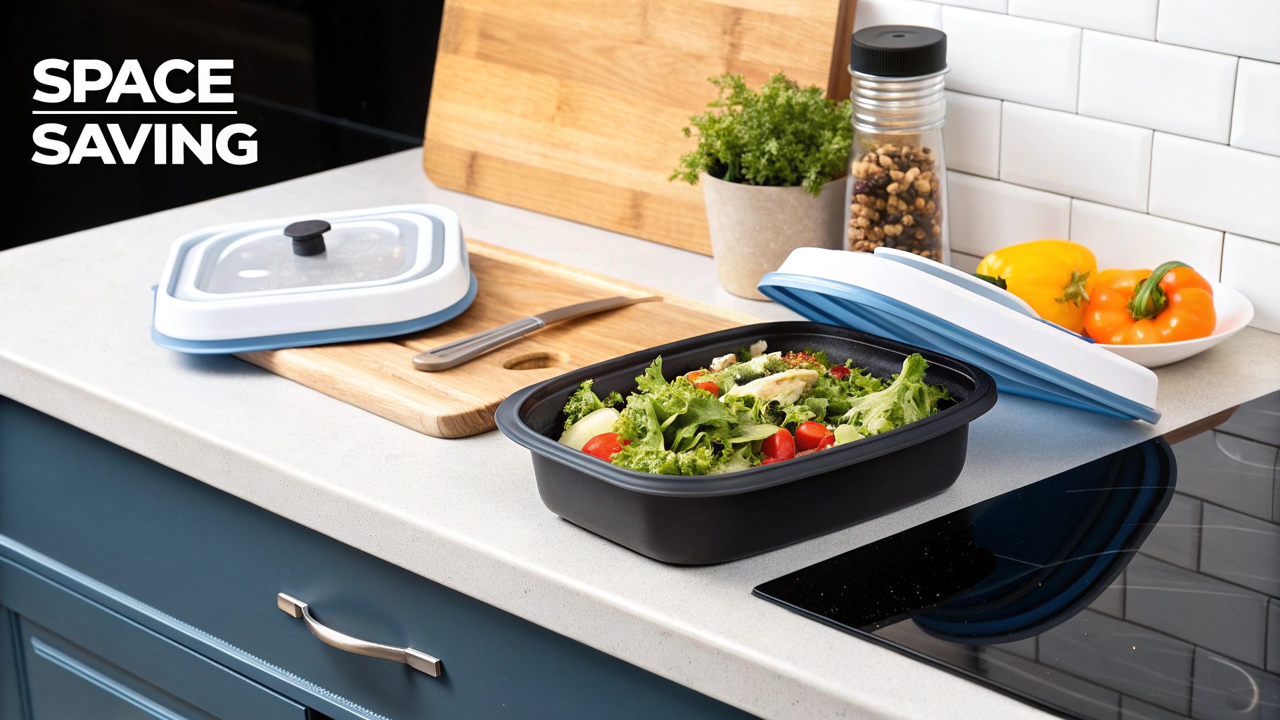 Woman using a collapsible silicone food container for her lunch