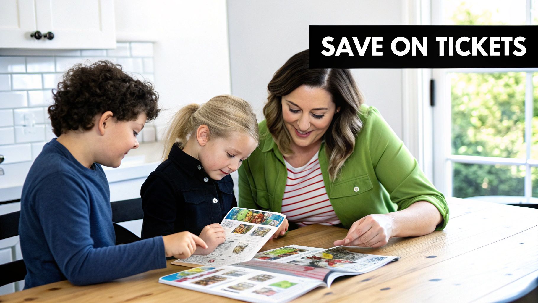 Smiling woman and two children read brochures at a wooden table, with a 'SAVE ON TICKETS' banner.