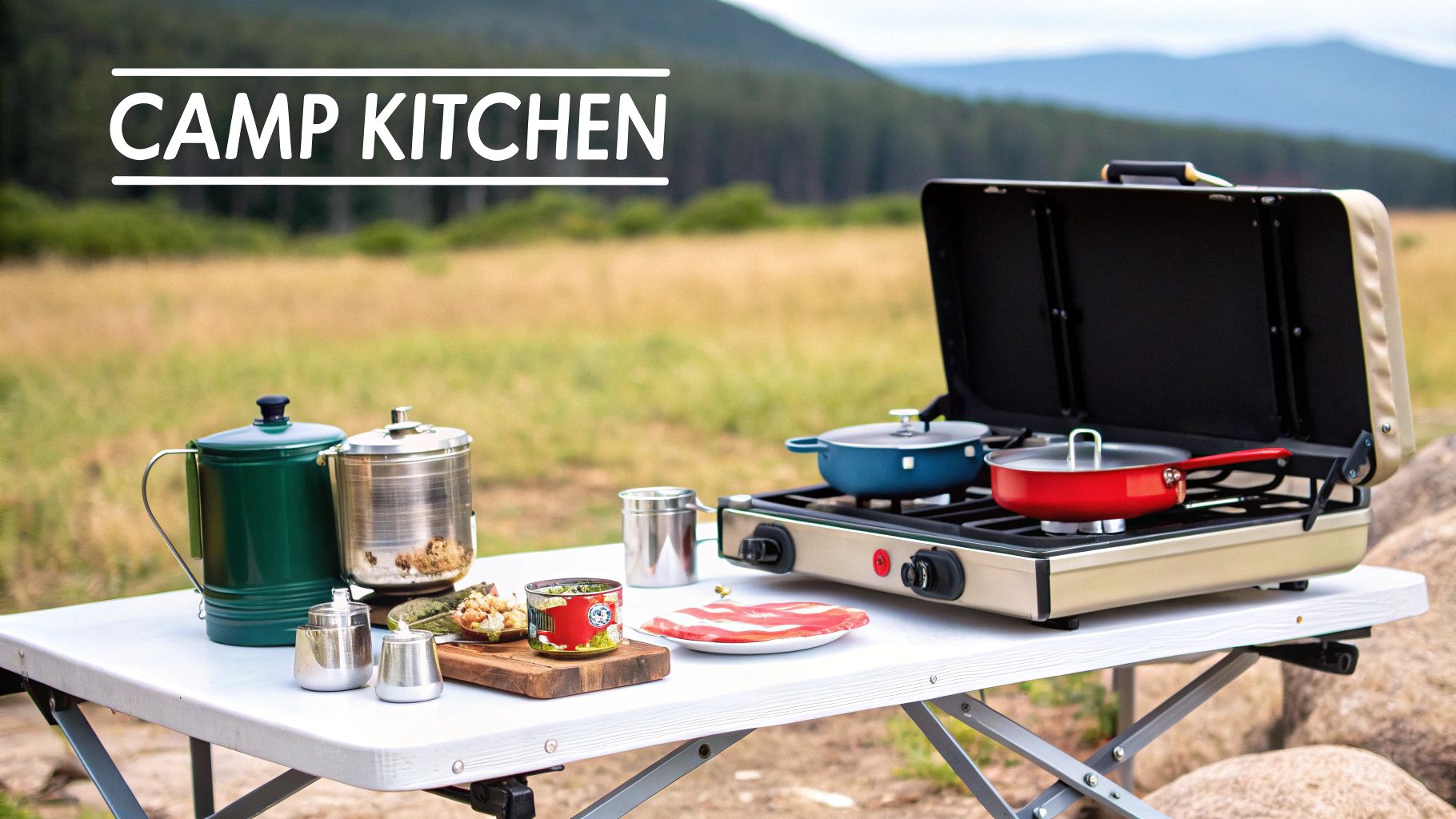 A family gathered around a picnic table at their campsite, preparing food.