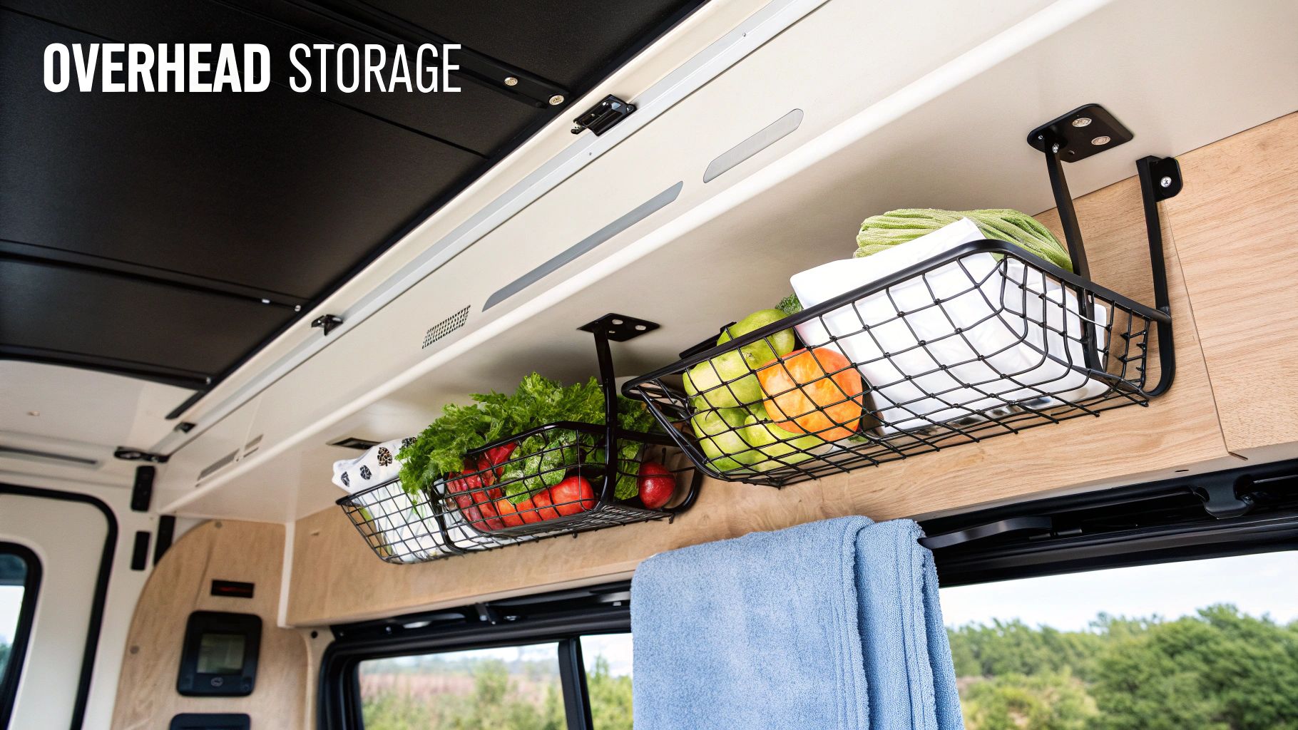 Black wire baskets mounted under RV cabinet storing fresh fruits and vegetables for overhead kitchen storage