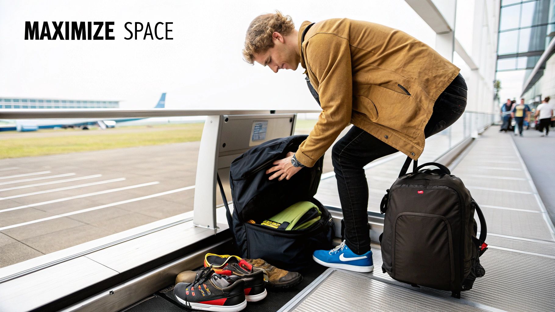 A man efficiently packs a black travel backpack with shoes and clothes at an airport gate.