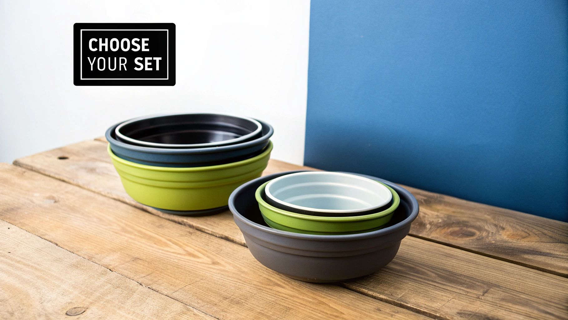 A person holding up a blue collapsible camping bowl.