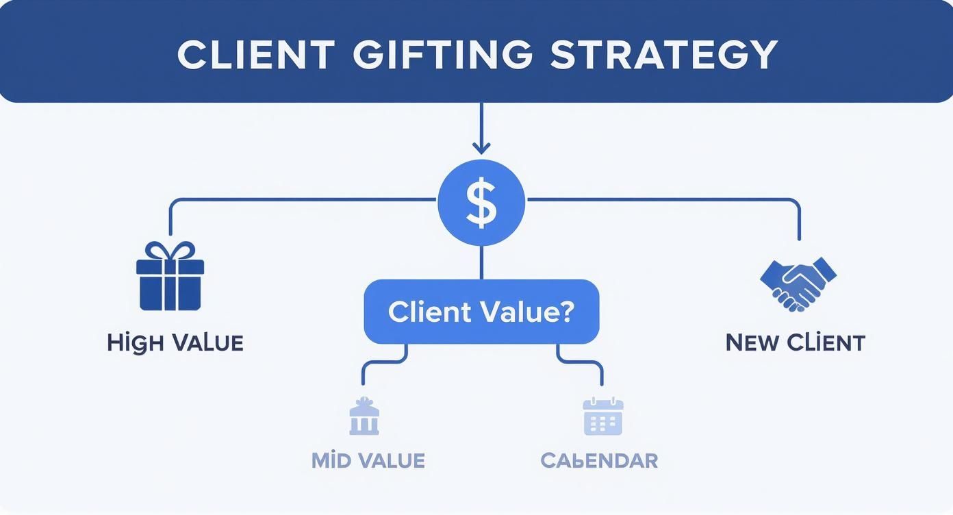 Flowchart illustrating a client gifting strategy based on client value (high, mid, new) and calendar events.
