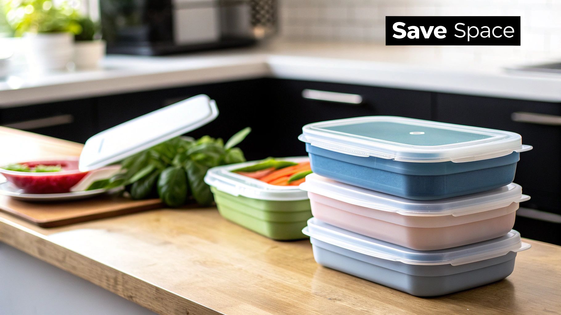 A person holding a collapsed red silicone food container.