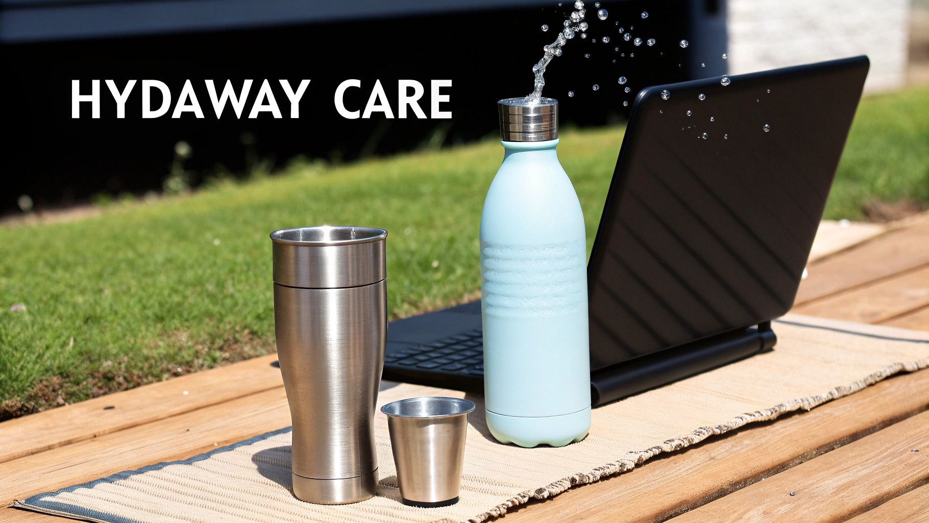 Stainless steel tumbler and light blue insulated water bottle outdoors with laptop on wooden table