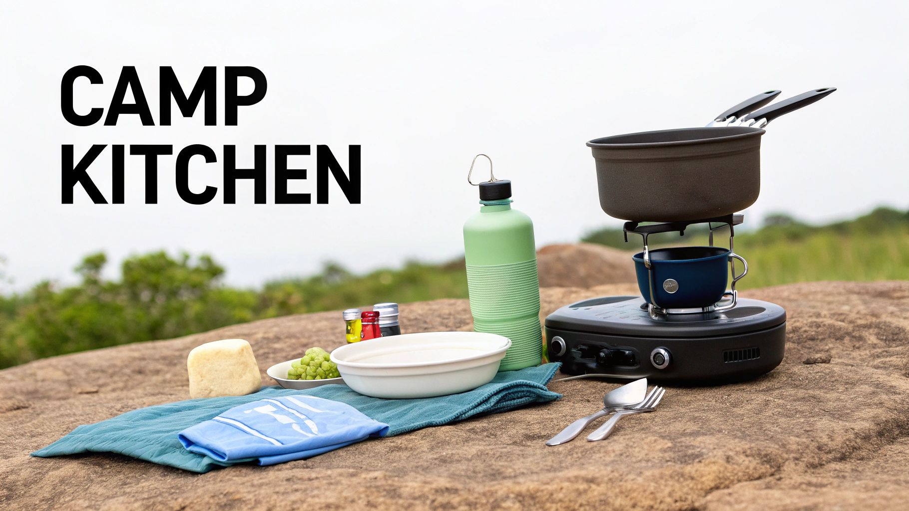 A person pouring water from a HYDAWAY collapsible bottle into a collapsible bowl at a campsite