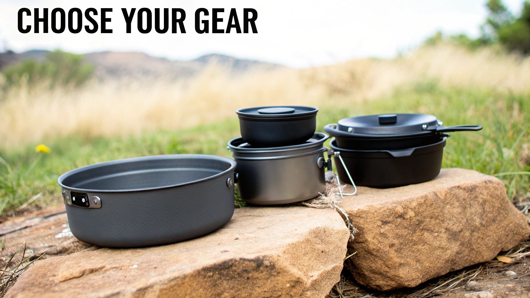 A person packing a collapsible pot into a backpack alongside other camping gear.