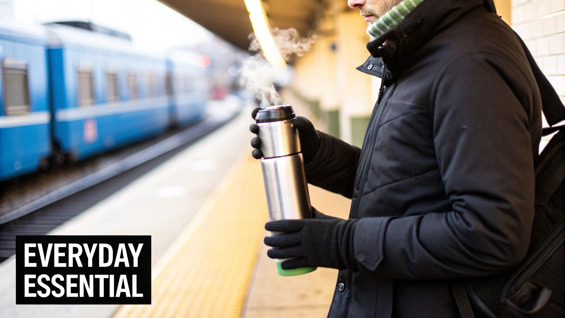 A person in winter clothes holds a steaming insulated water bottle on a train platform.