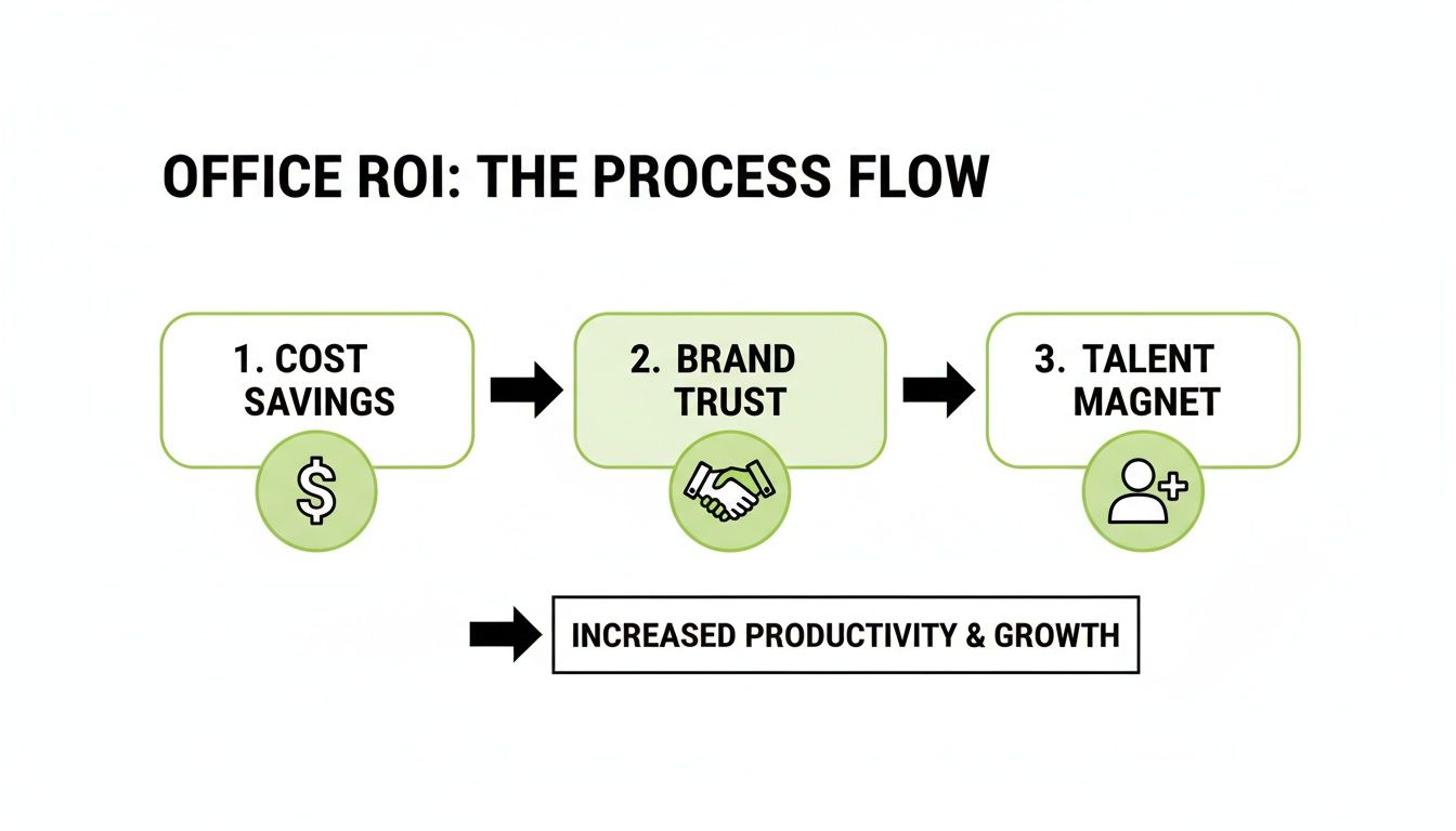 Diagram showing office ROI process flow: cost savings, brand trust, talent magnet leading to productivity and growth.