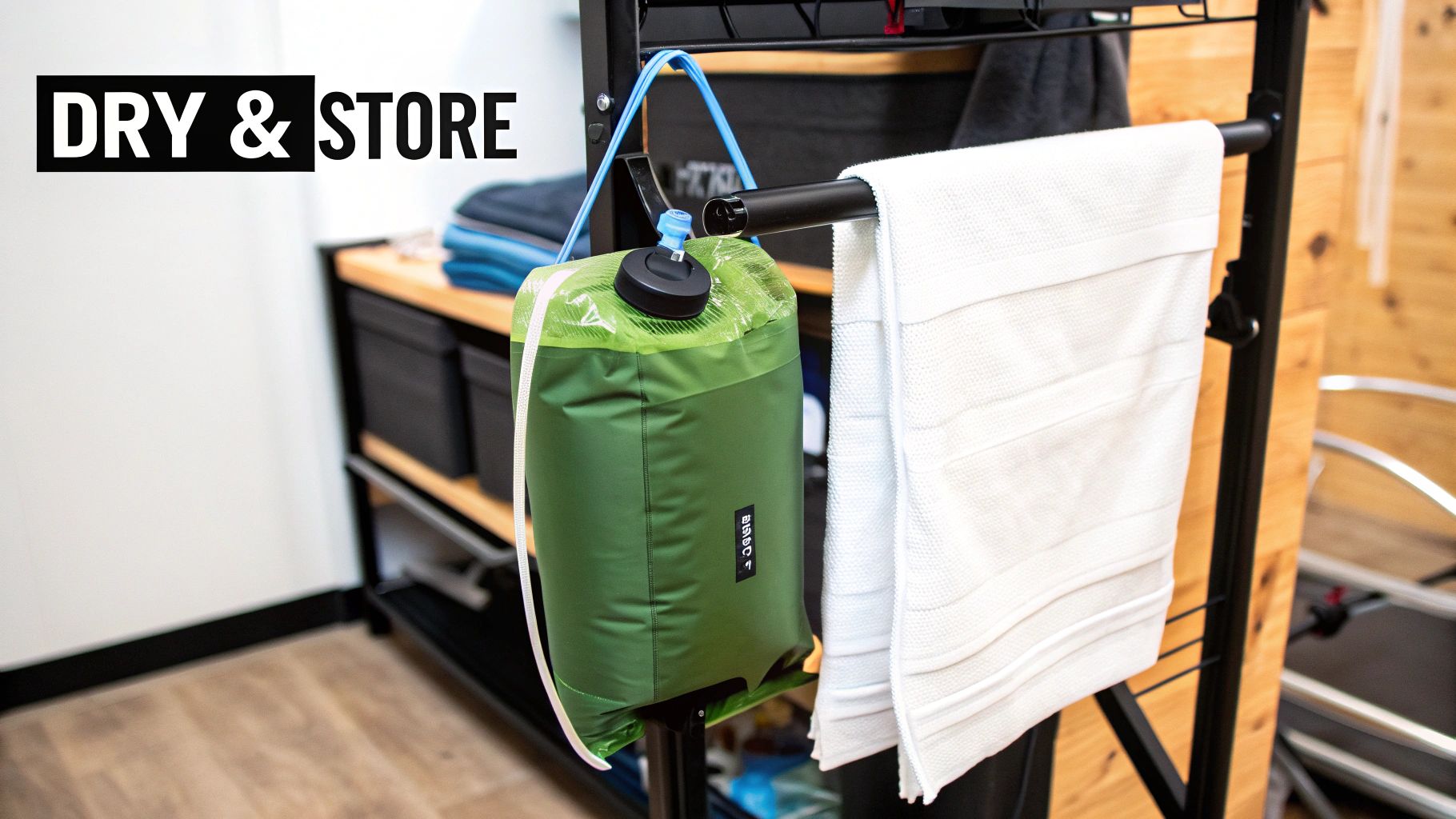 A green hydration bladder with a black cap hangs on a black drying rack next to a white towel.