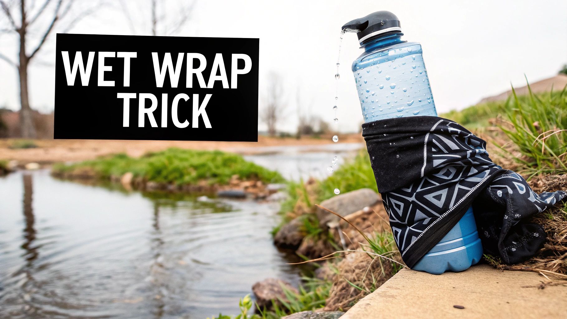 Person wrapping a wet cloth around a water bottle by a stream