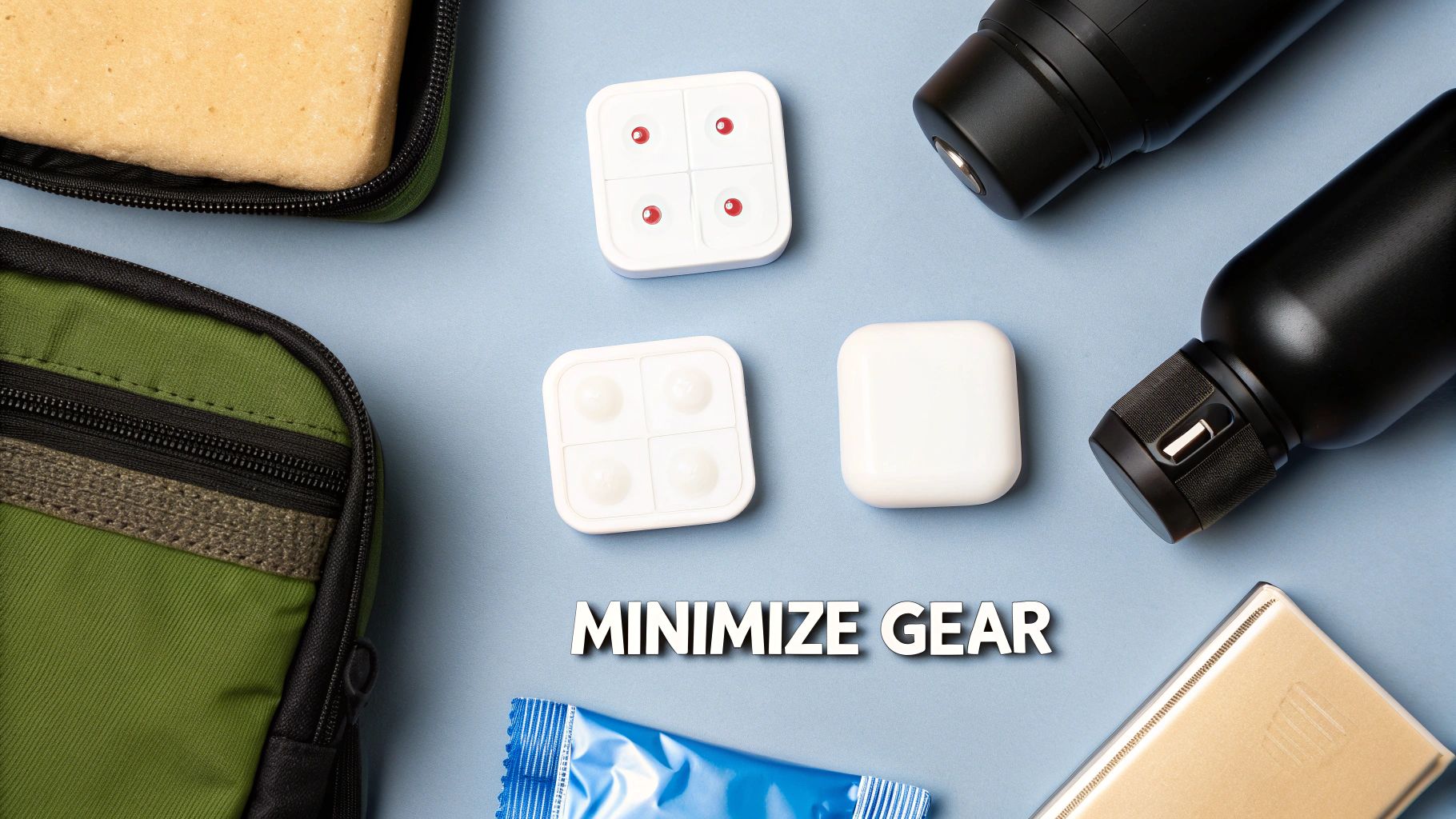A flat lay of travel essentials including water bottles, a pouch, small organizers, and a sponge, with text 'MINIMIZE GEAR'.