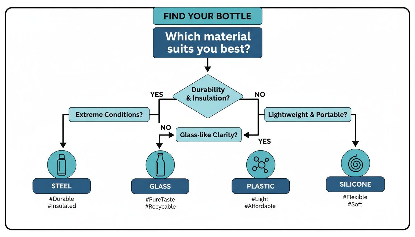 Decision tree guiding users to choose the best water bottle material like Steel, Glass, Plastic, or Silicone based on needs.