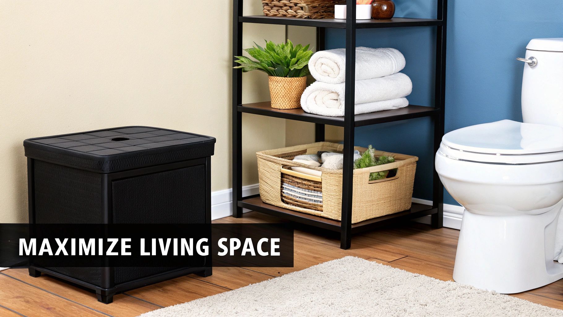 Efficient bathroom storage with a black bin and shelves holding towels, a plant, and baskets next to a toilet.