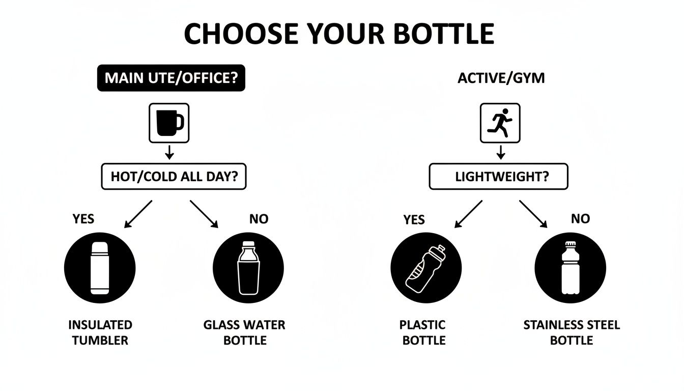 A flowchart guiding users to choose a water bottle based on their activity and needs.