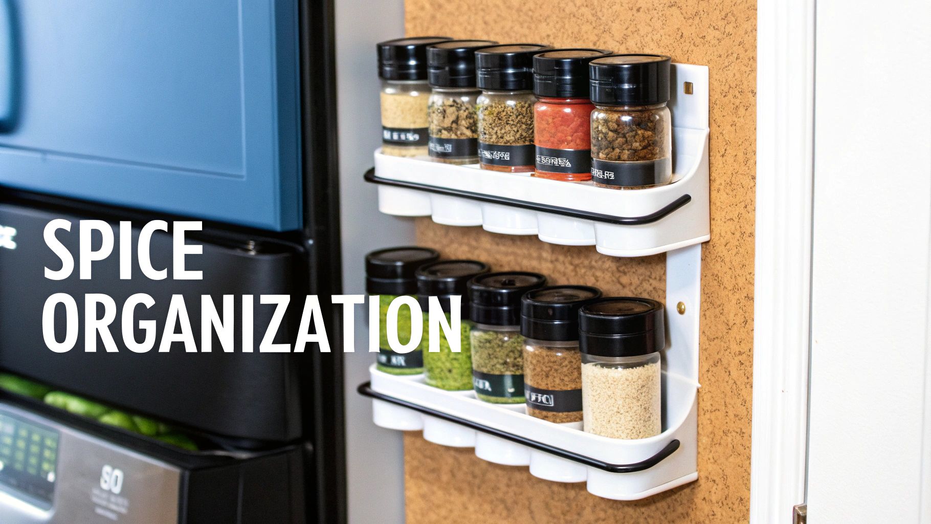 Two white wall-mounted spice racks filled with various spice jars in a modern kitchen.