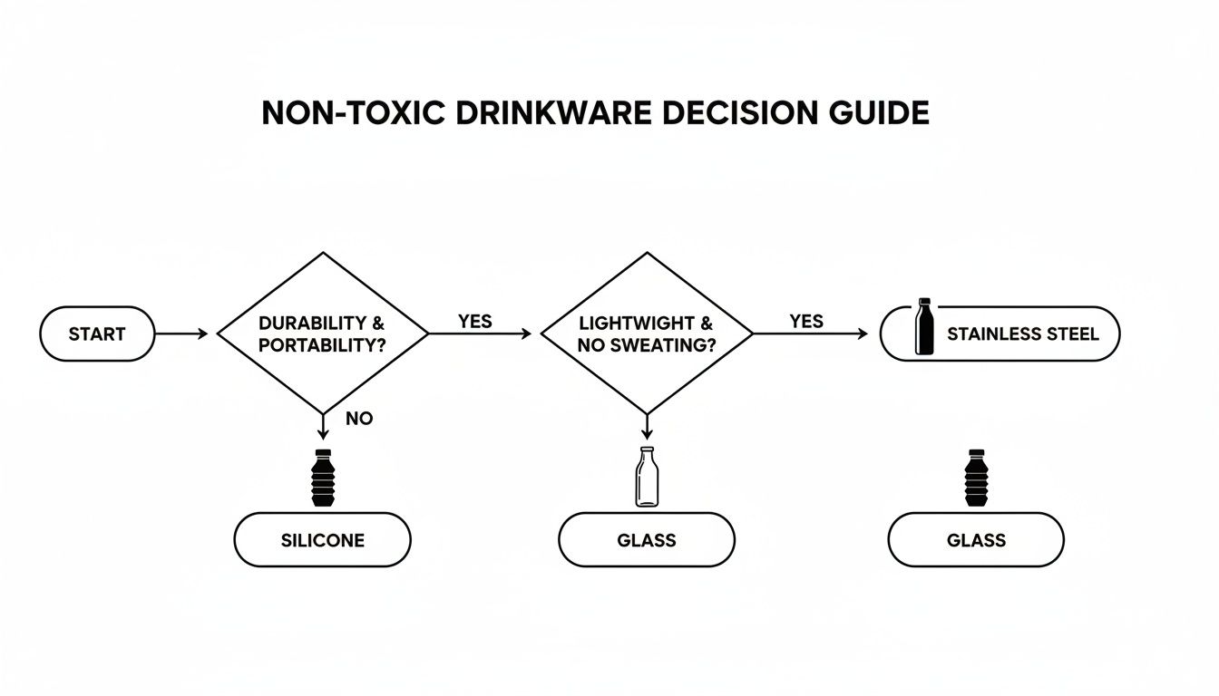 Flowchart guiding the selection of non-toxic drinkware based on durability, portability, and weight.