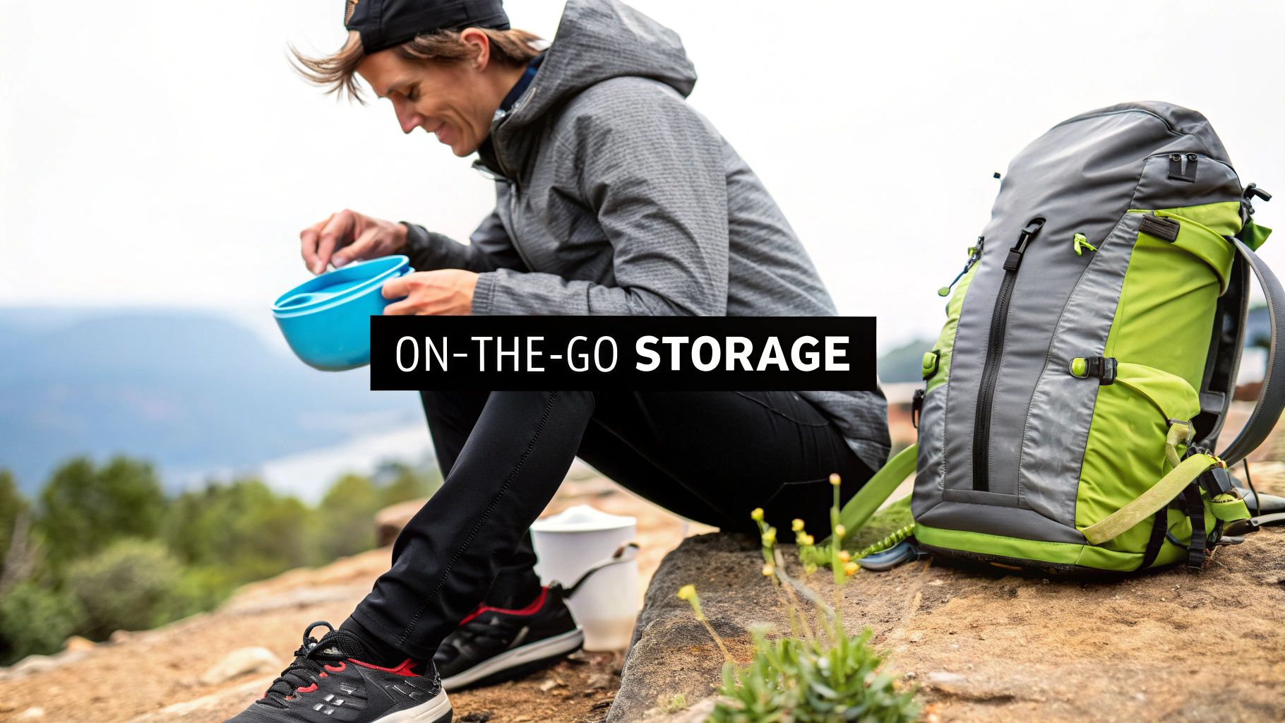 A person eats from a blue bowl next to a green hiking backpack on a mountain path, illustrating on-the-go storage.
