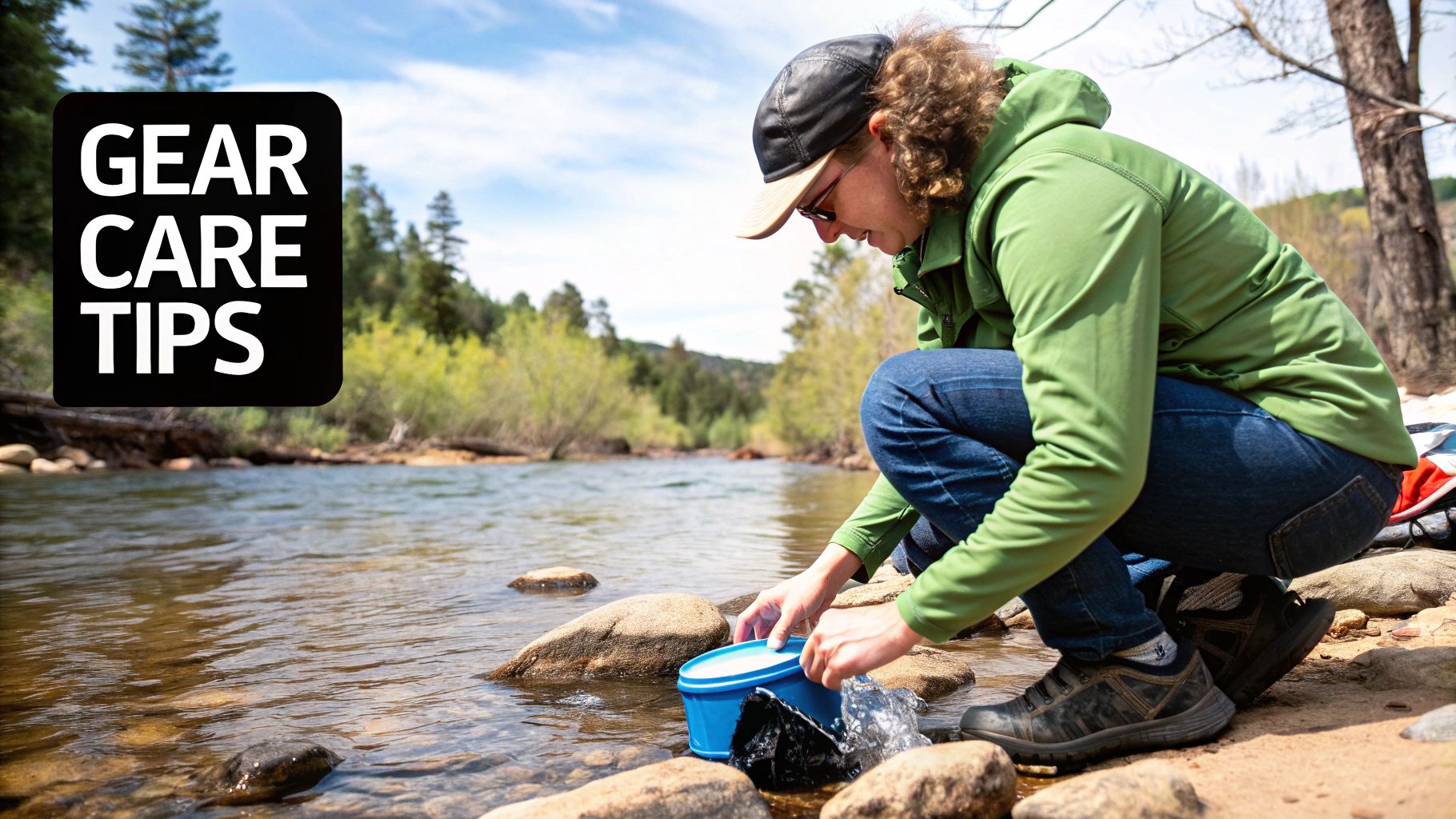 A person carefully hand-washing a piece of collapsible camping cookware in a stream.