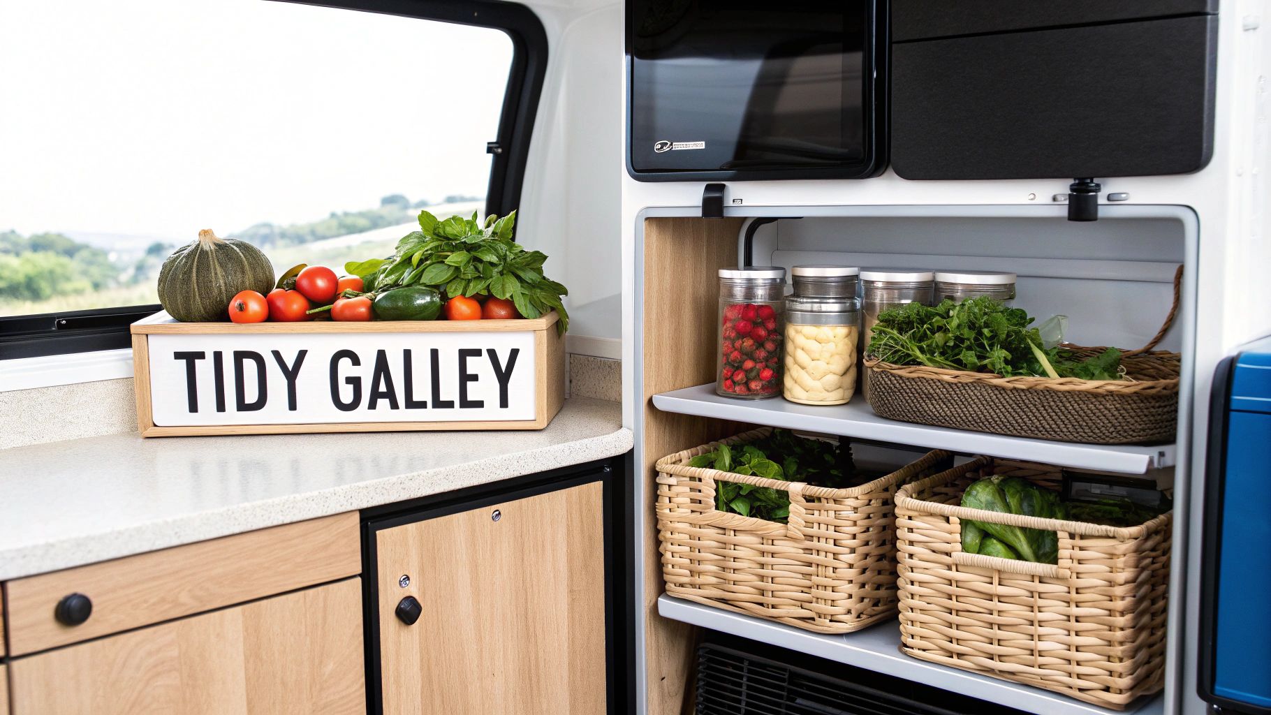 A clean and organized campervan kitchen with clever storage solutions.