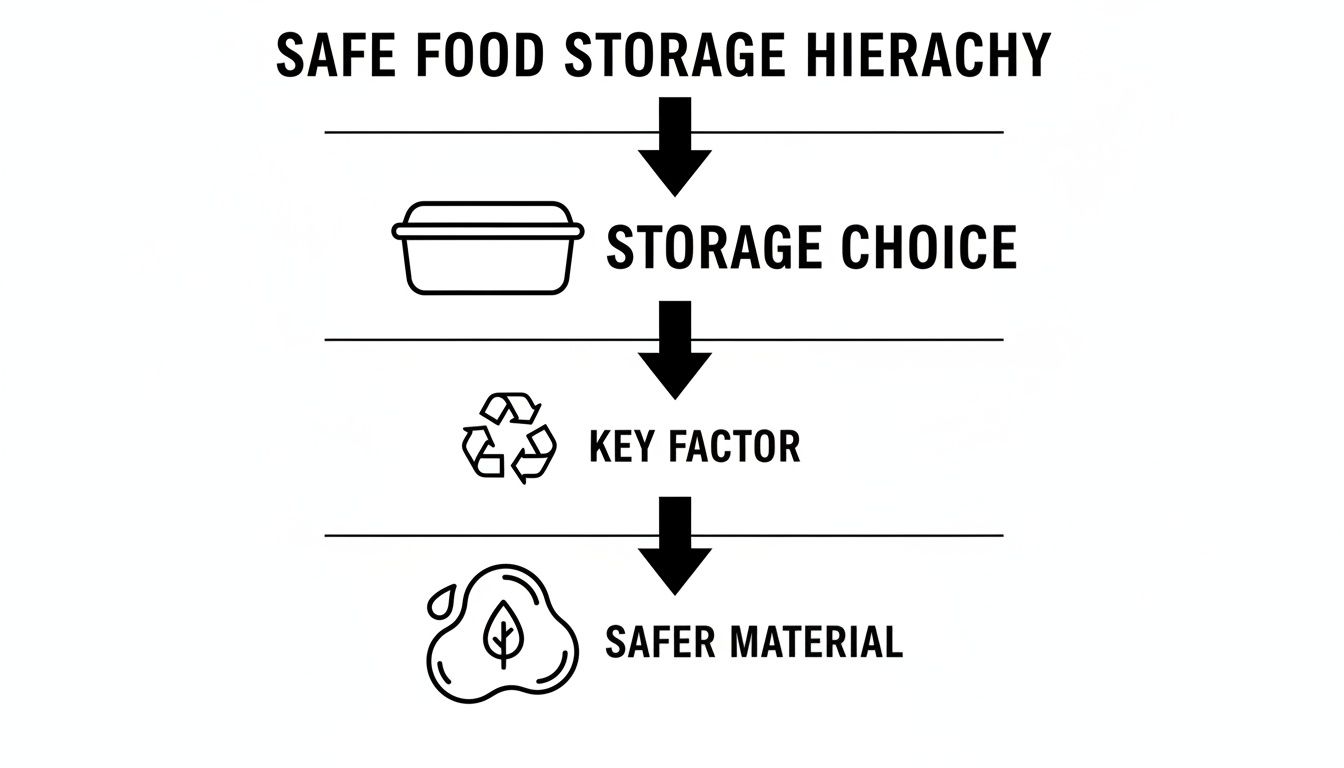 Diagram illustrating a safe food storage hierarchy, showing storage choice, key factors, and safer materials.