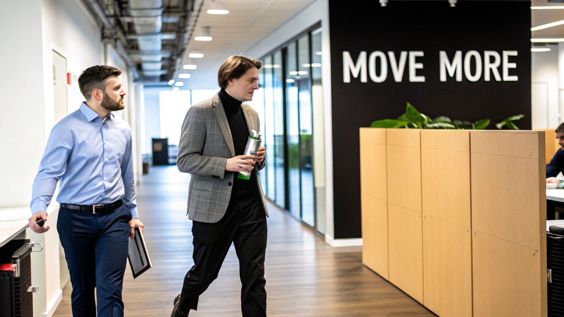 Two business casual men walk in a modern office past a 'MOVE MORE' sign.