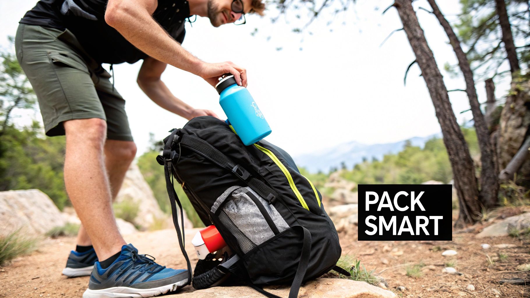 A hiker holding a collapsed HYDAWAY bottle in their palm with a scenic mountain background
