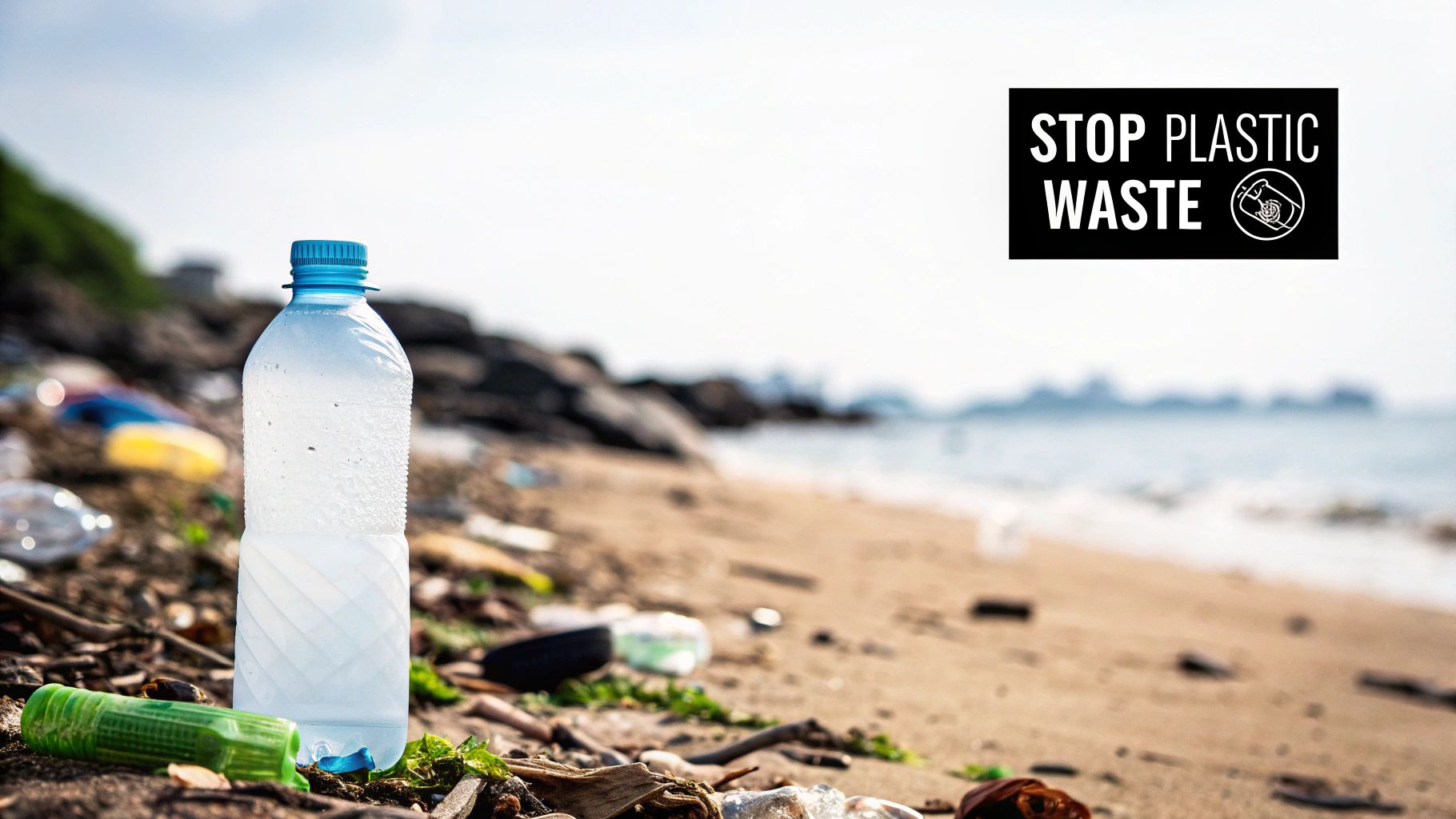 A plastic water bottle and trash on a polluted beach with a 'Stop Plastic Waste' sign.