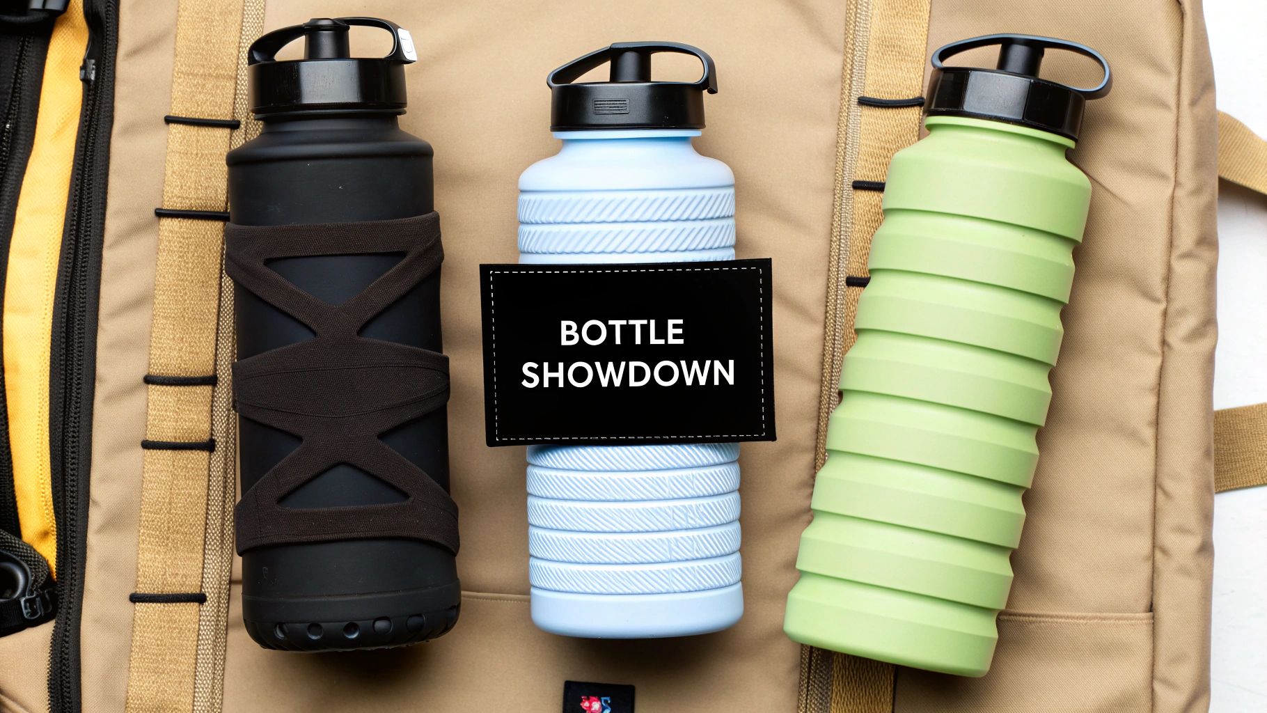 A woman holds an expanded HYDAWAY water bottle while standing in a vibrant, sunny outdoor market, ready for a day of exploration.