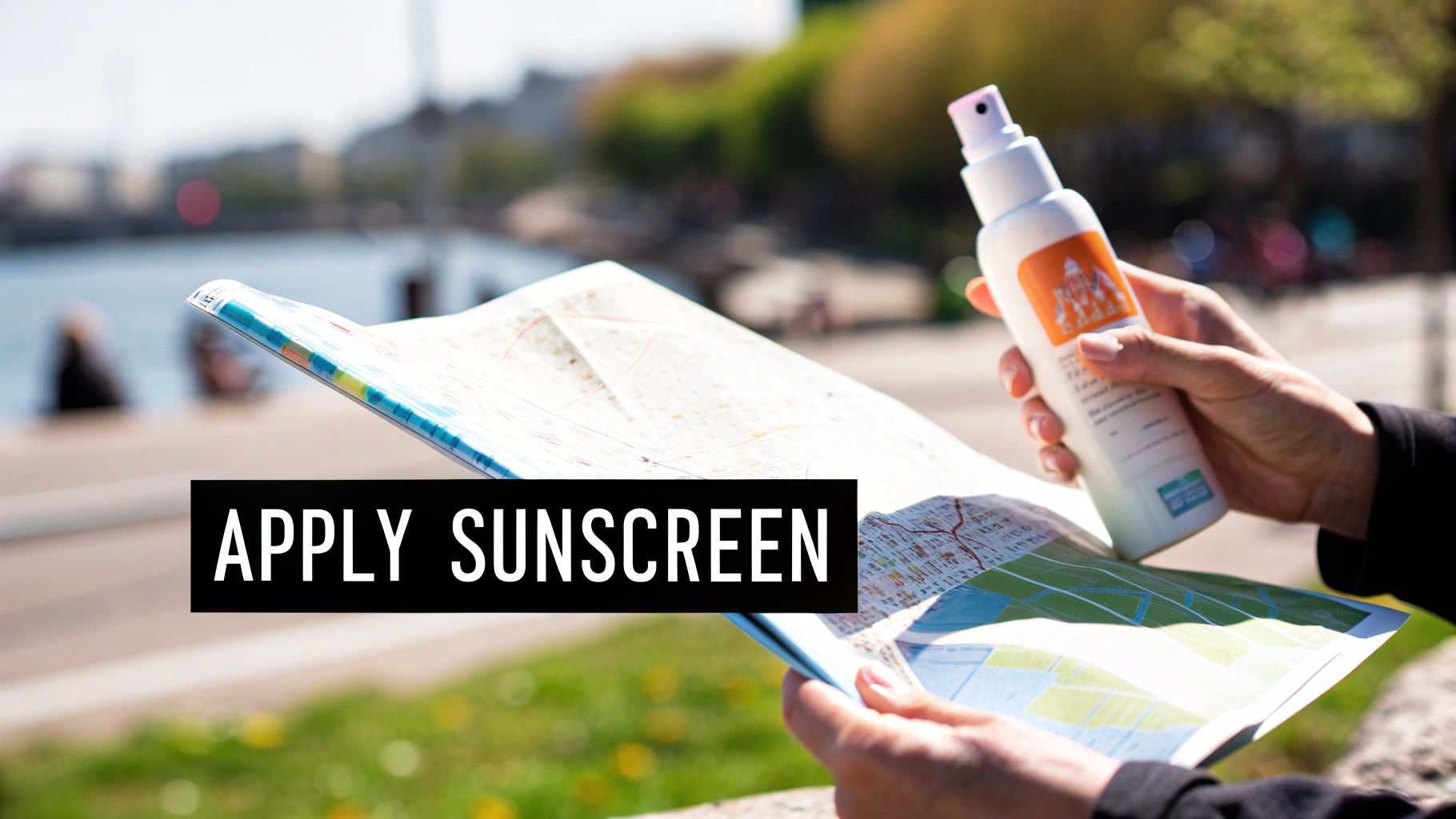 Person holding sunscreen spray bottle with tourist maps and brochures at outdoor waterfront location