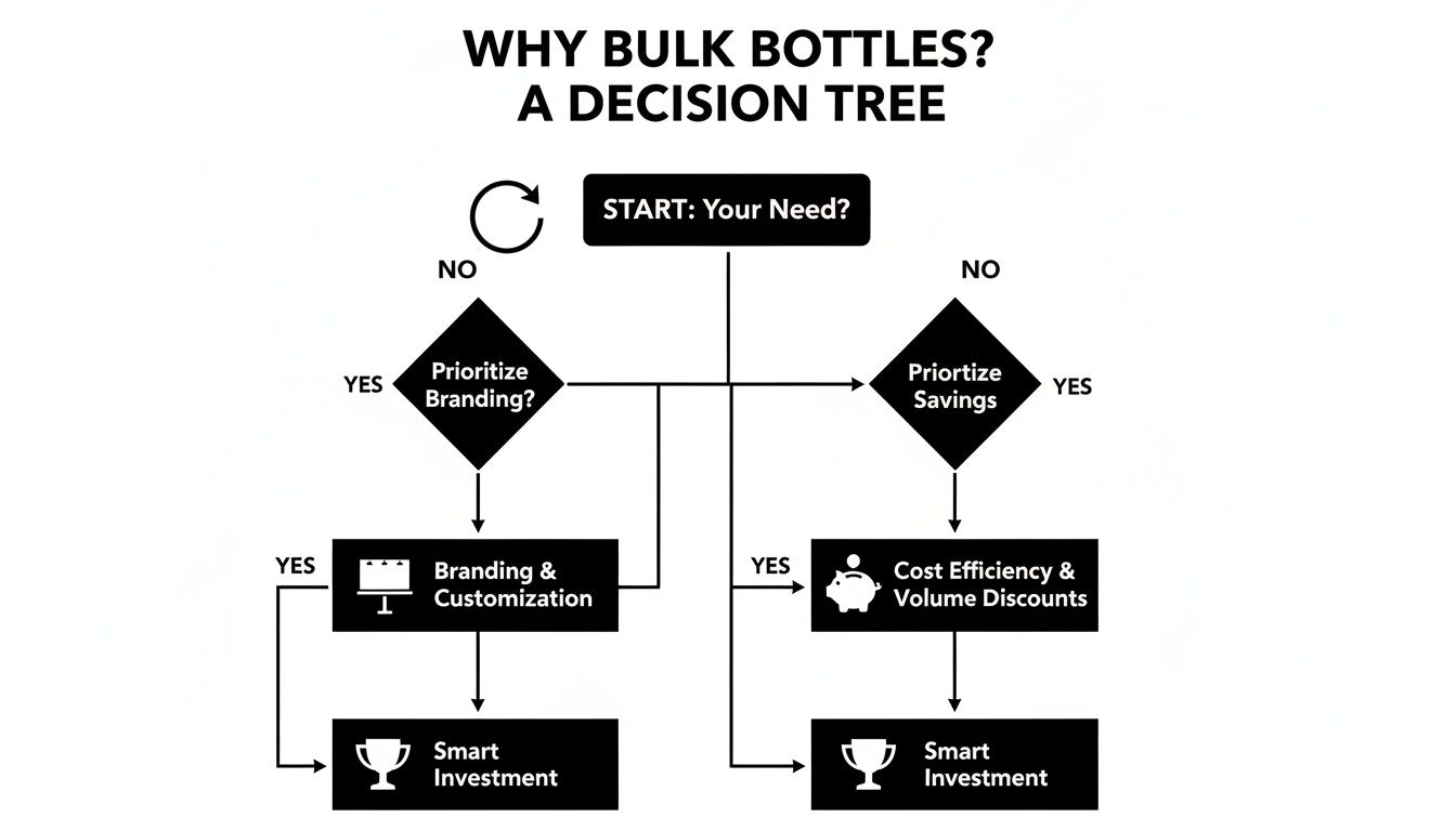 Decision tree flowchart explains choosing bulk bottles based on branding or savings for smart investment.