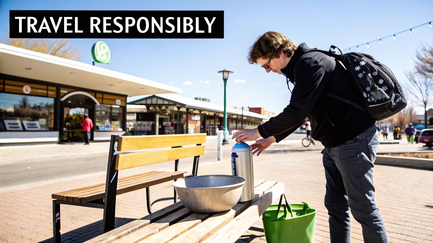 A man refills his water bottle on a wooden bench, promoting responsible travel practices.