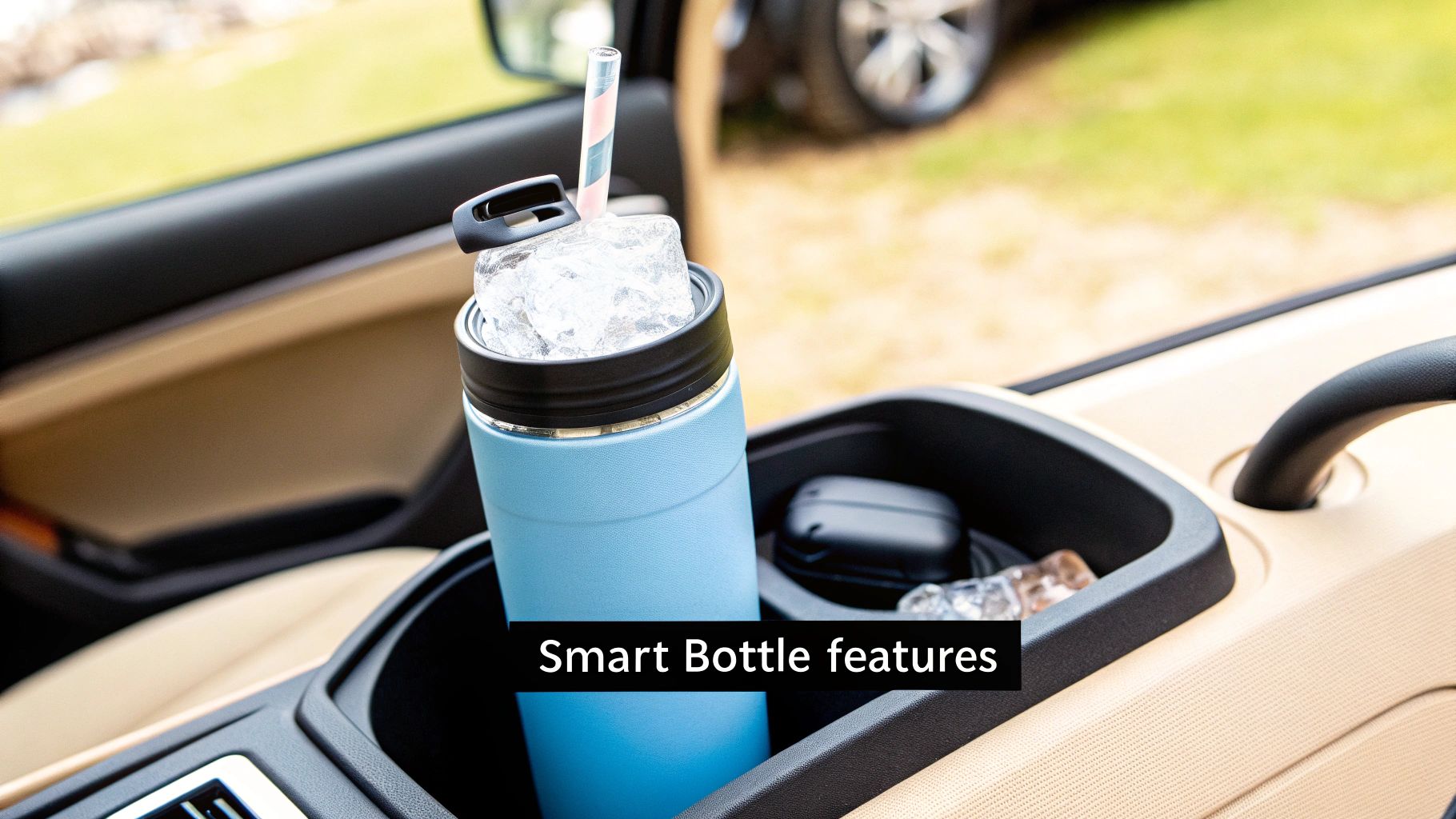 A person holding a collapsible HYDAWAY water bottle in front of a scenic mountain background.