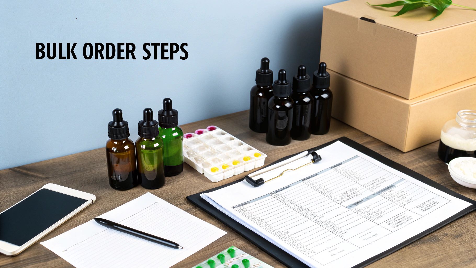 Desk with dropper bottles, packaging boxes, a smartphone, and an order form for bulk liquid product orders.