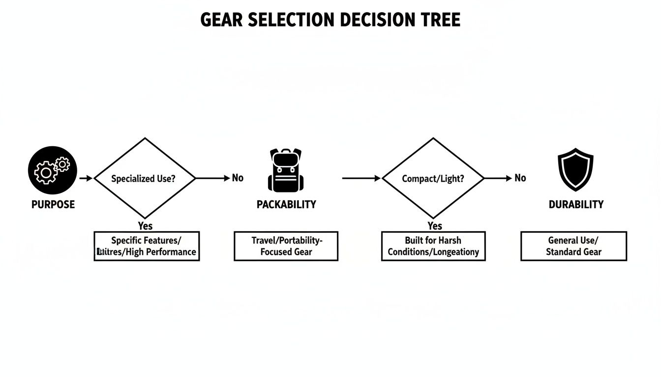 A gear selection decision tree illustrating choices based on purpose, packability, and durability.