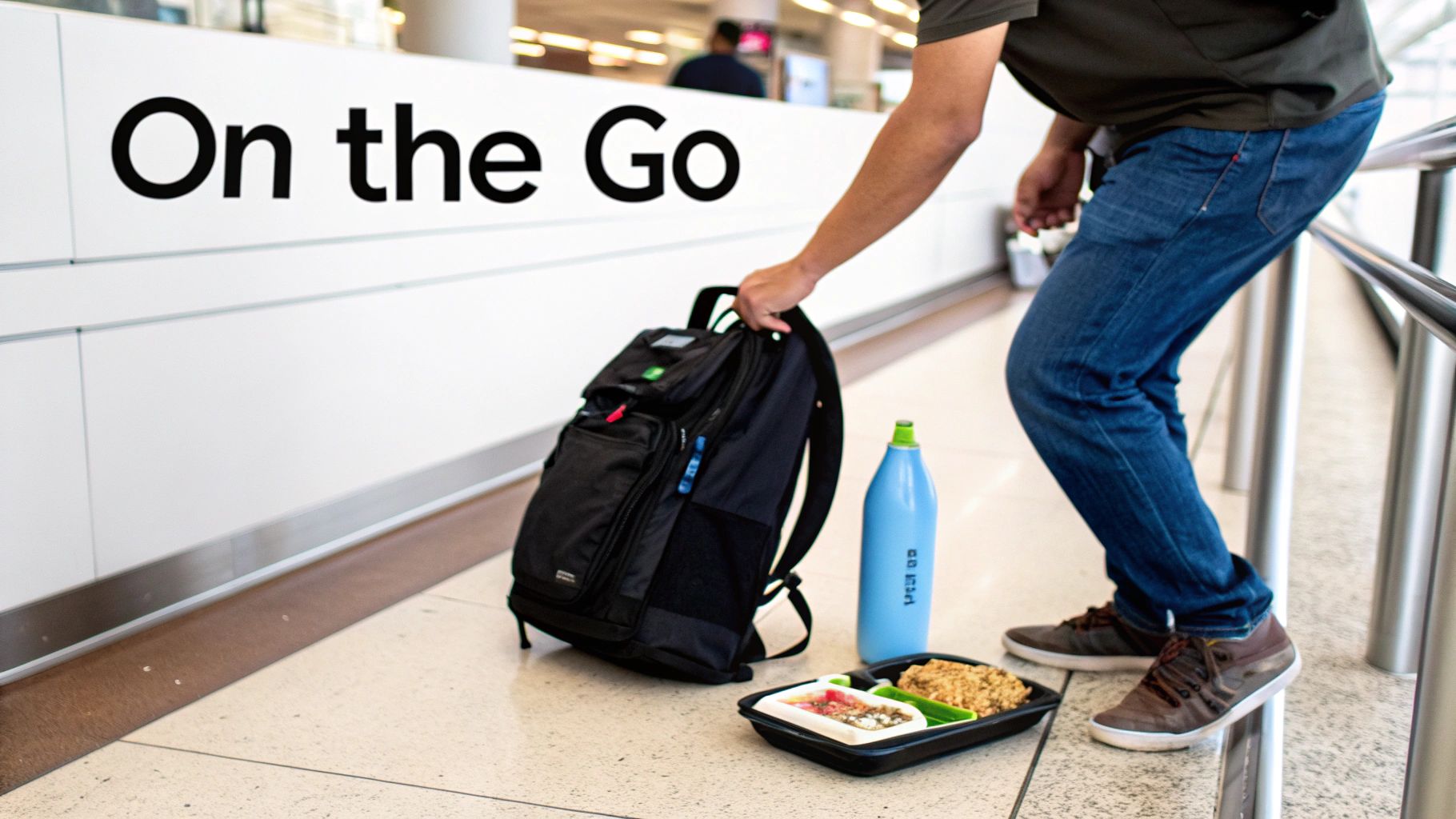 A person holding a collapsible water bottle in front of a scenic mountain background