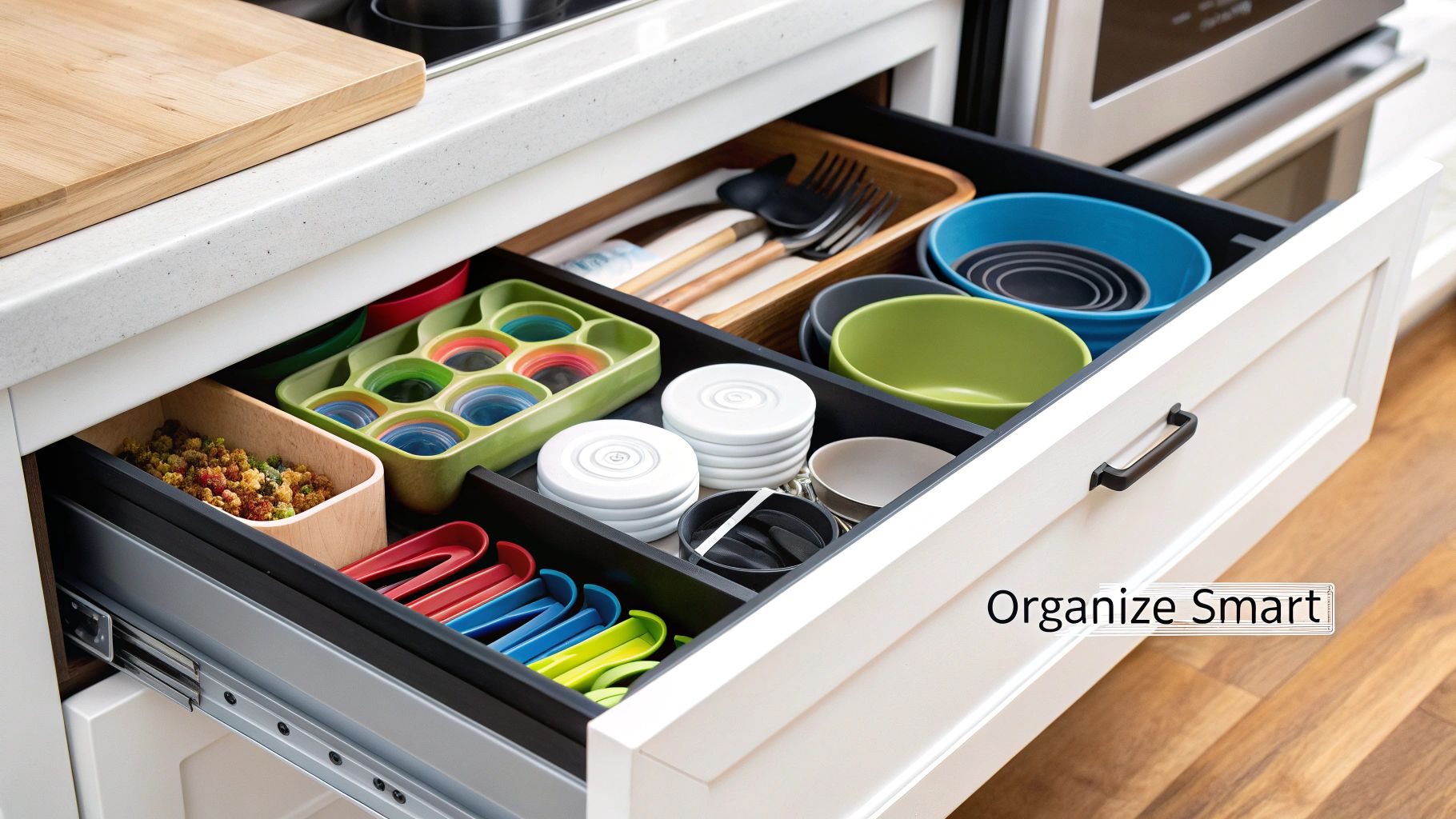 A well-organized kitchen drawer with dividers separating utensils and space-saving accessories.
