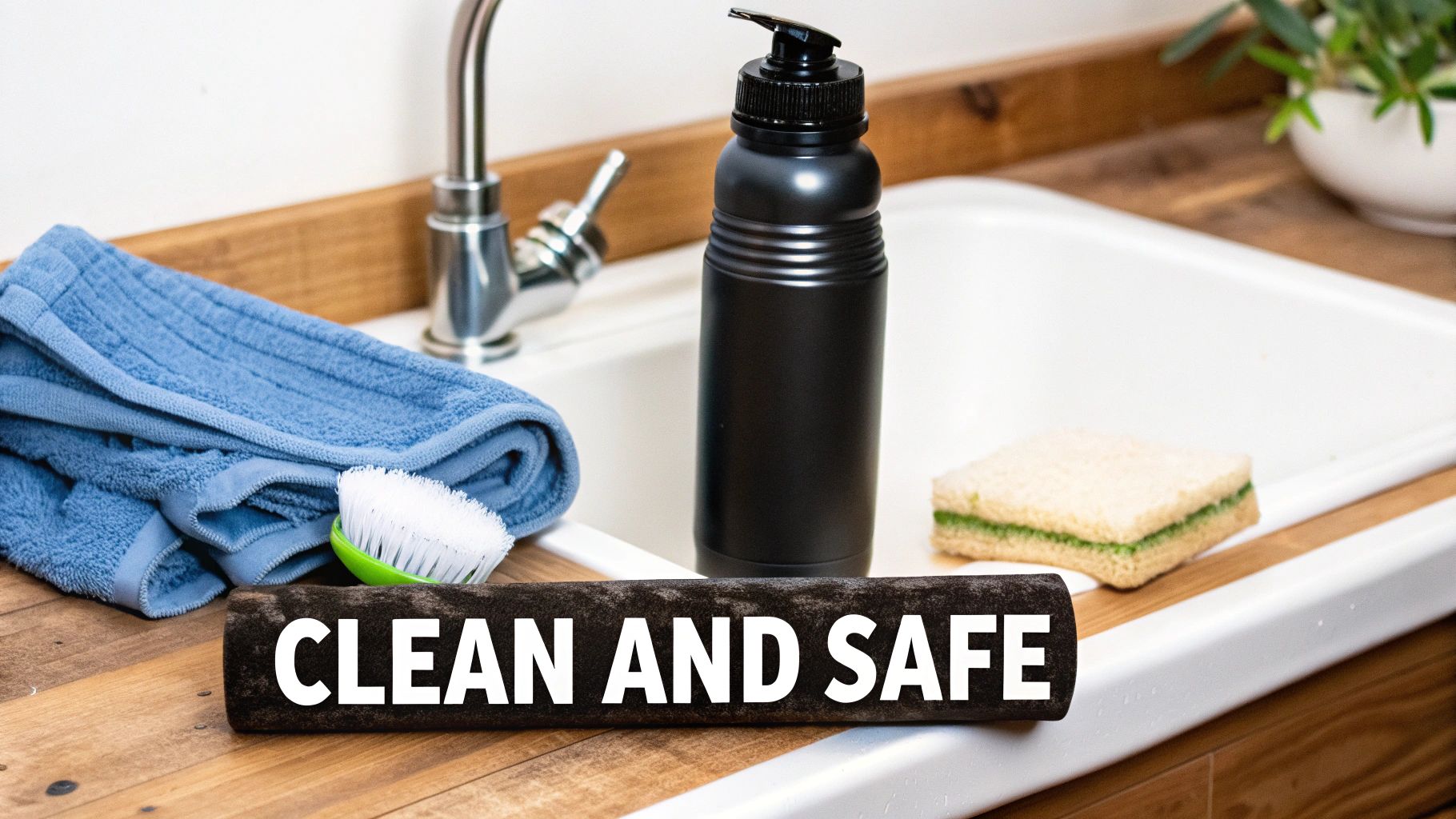 A person cleaning a hiking water container with a brush in a sink.
