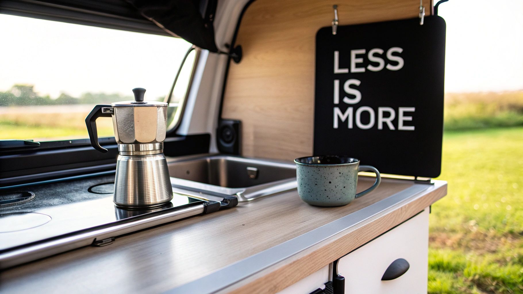 A minimalist camper van kitchen featuring a moka pot, a speckled mug, a sink, and a 'LESS IS MORE' sign, with an outdoor view.
