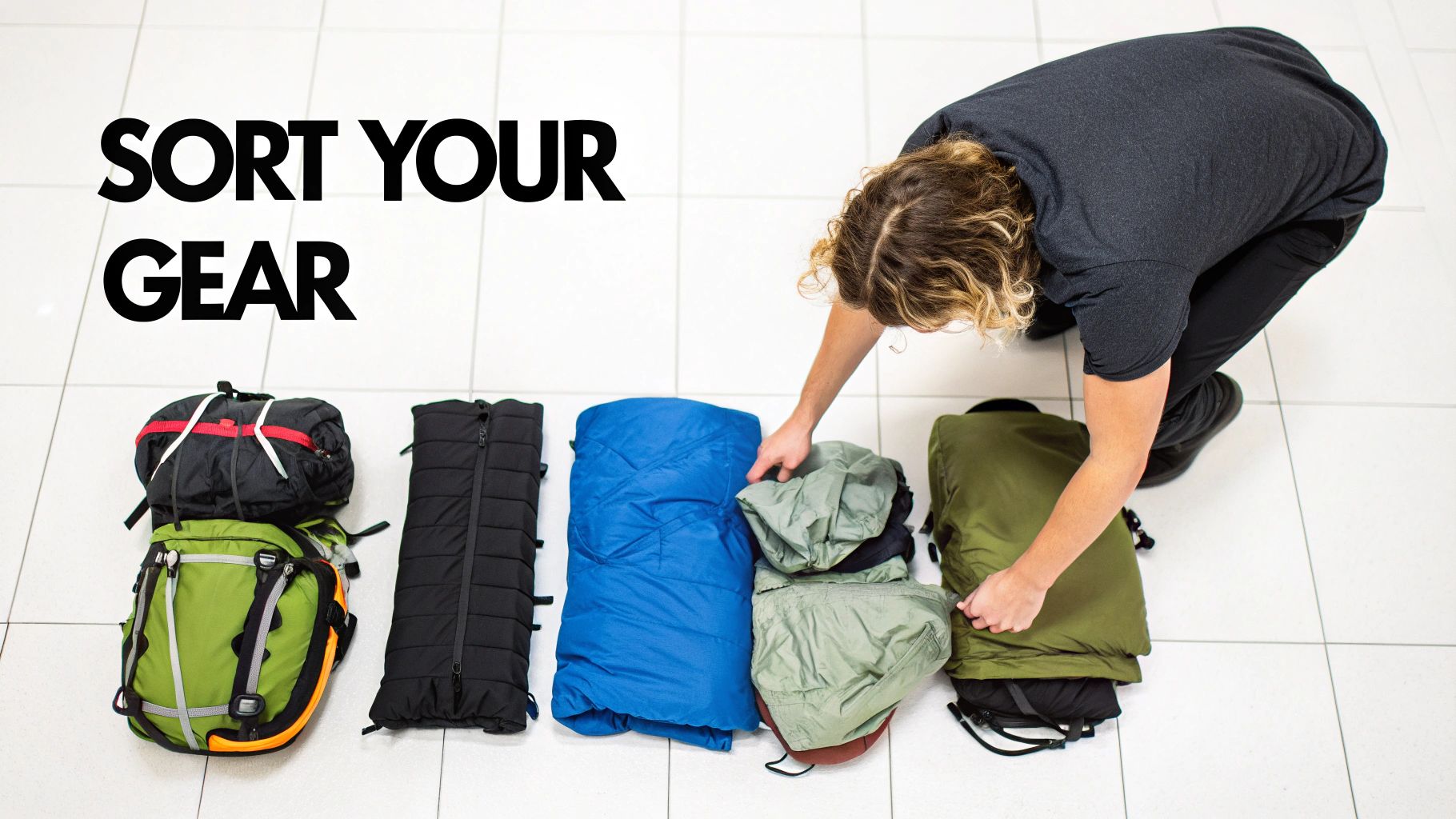 Overhead view of a person sorting various pieces of black, green, and blue camping gear on a tiled floor.