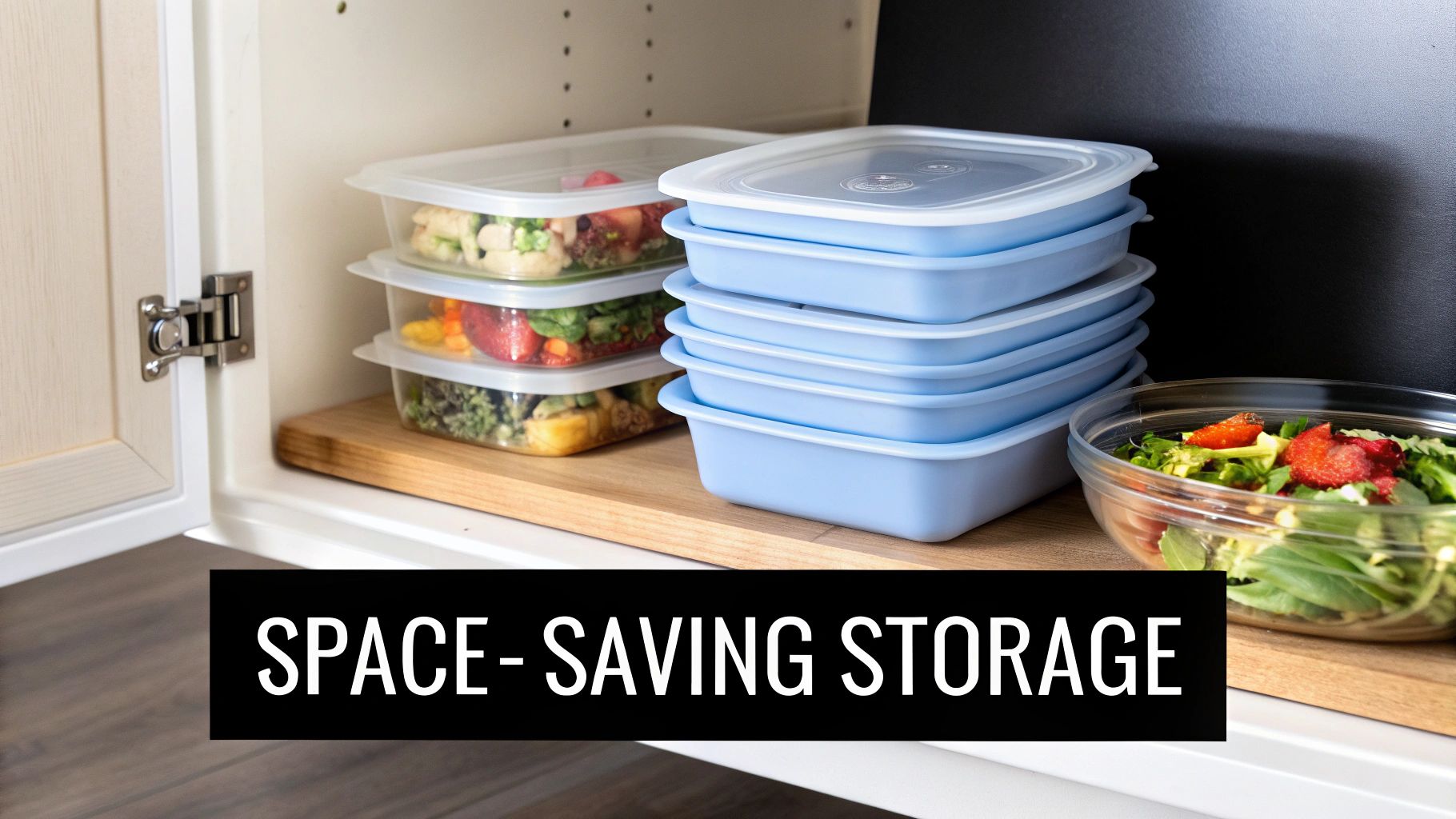 Various food storage containers, including stacked meal prep and nesting blue containers, organized in a kitchen cabinet.
