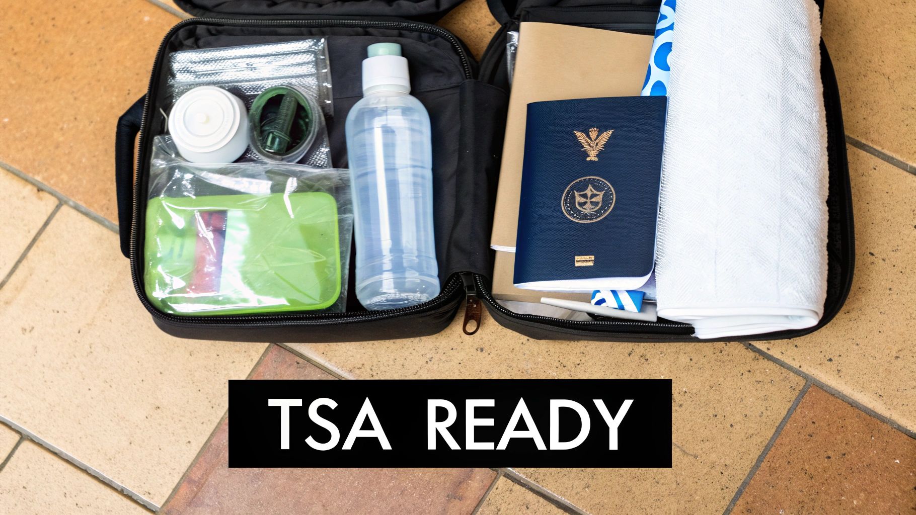An open black travel bag displaying various travel essentials like a passport, water bottle, and toiletries, ready for TSA.