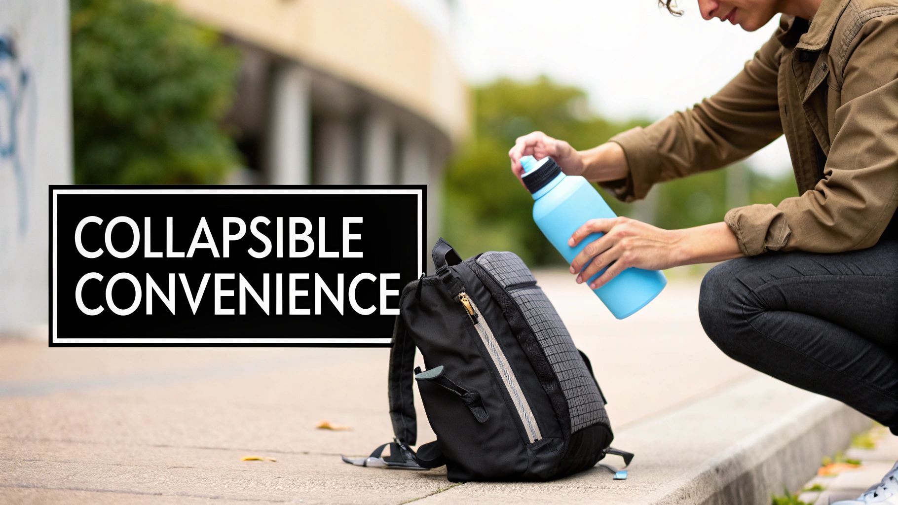 A person holding a collapsed HYDAWAY water bottle with a scenic mountain view in the background.