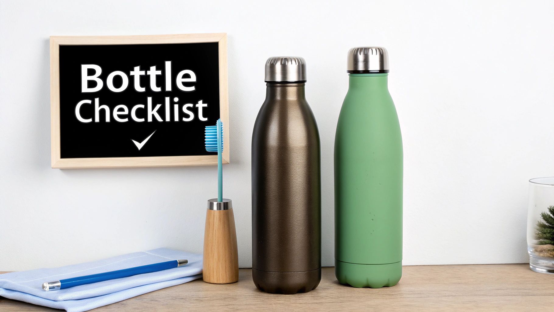 Two reusable metal water bottles, a "Bottle Checklist" board, and sustainable items on a table.