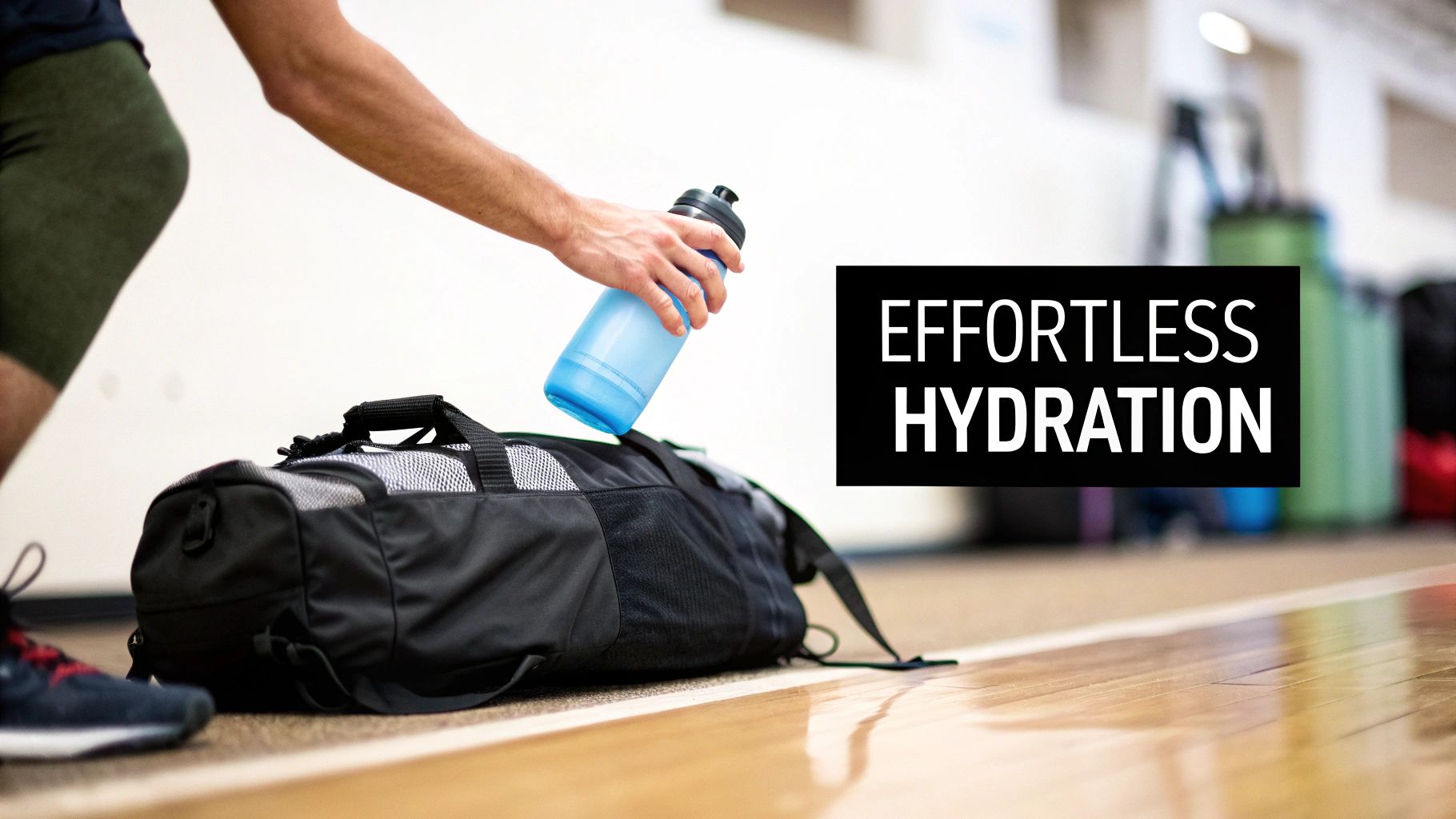 A person's hand places a blue sports water bottle into a black gym bag on a wooden floor.